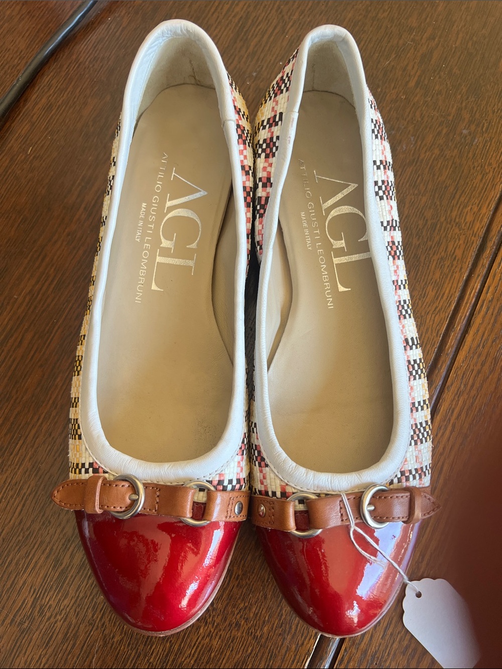 AGL Red Patent-Toe Tweed Ballet Flats with Tan Leather Trim